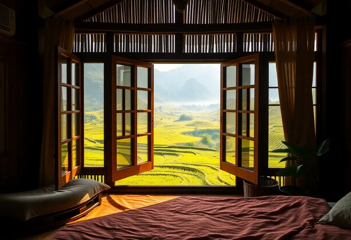 Traditional wooden homestay with view of rice terraces