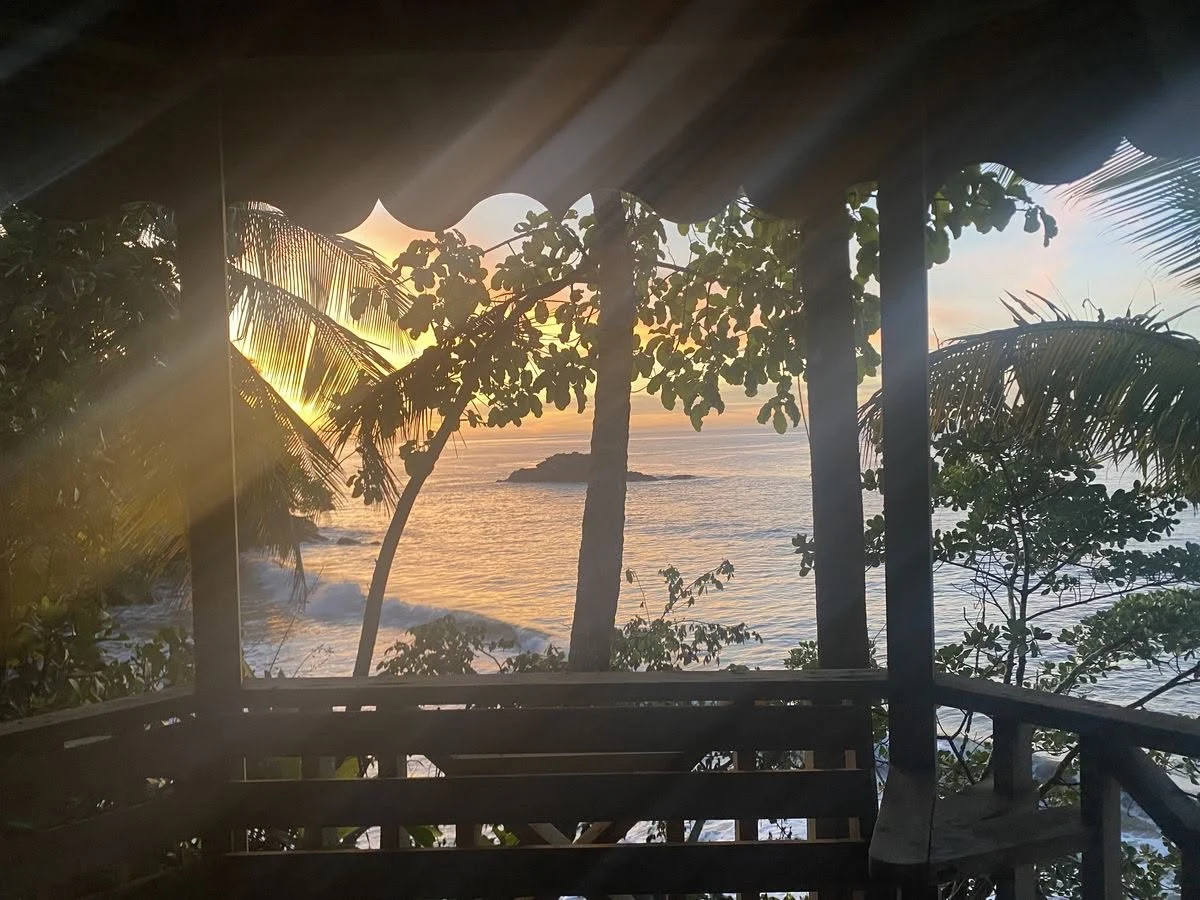 Sunlight breaking through trees over water on a Vietnamese porch