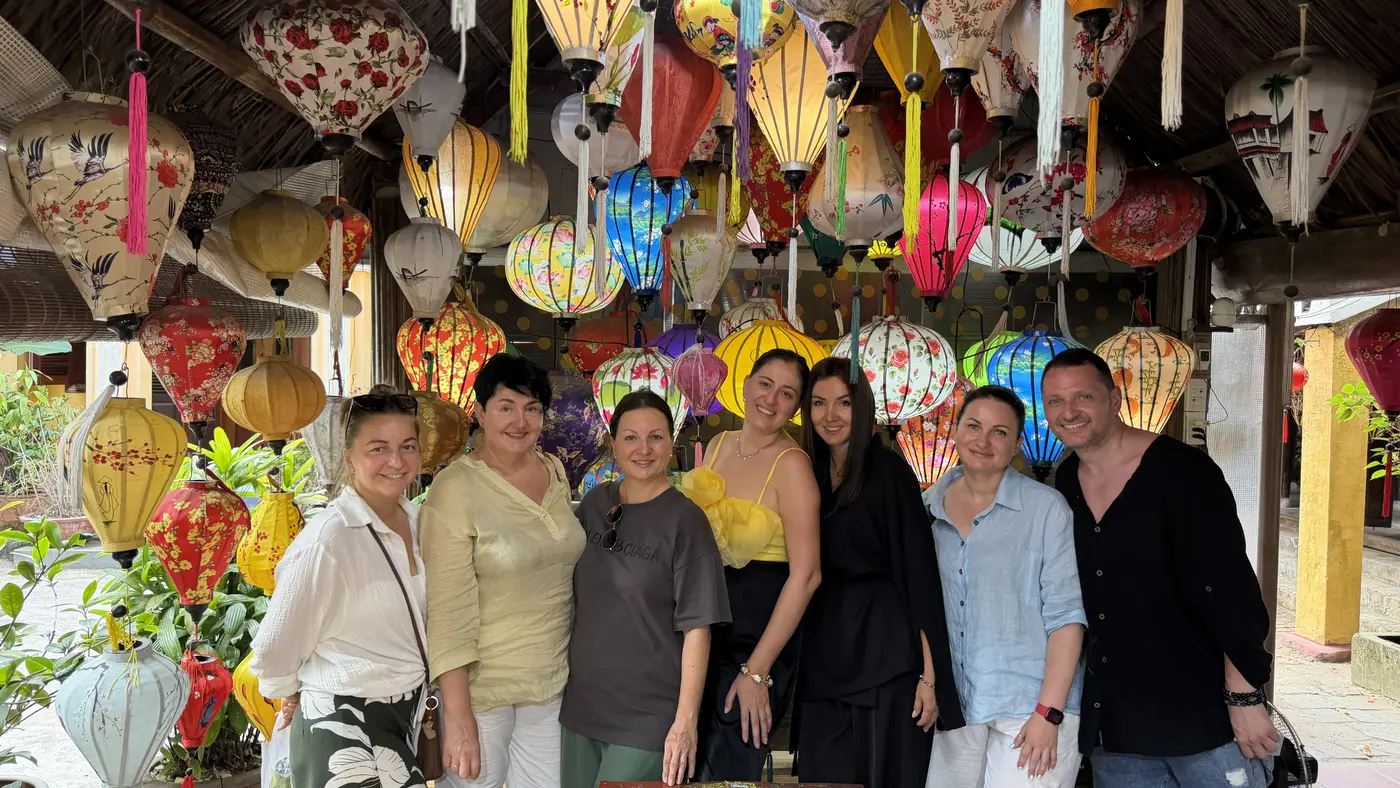 Group of travellers in a lantern workshop in Hoi An old town
