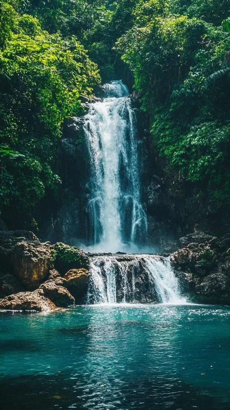 large waterfall in the middle of a forest filled with green trees and rocks