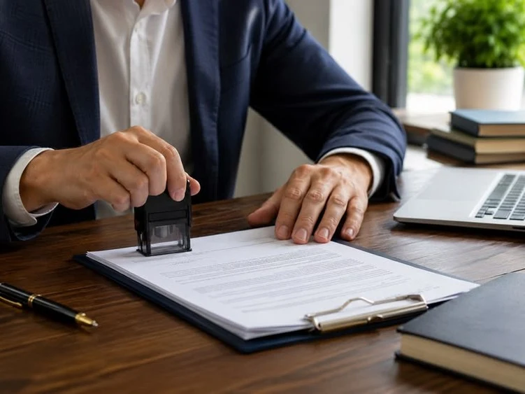 A man in a business suit stamping an insurance document at a wooden desk
