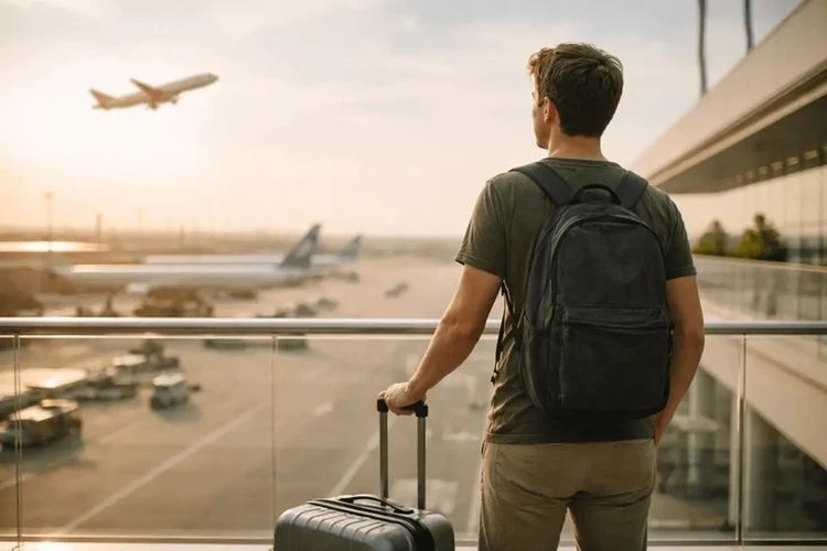 A traveler with a backpack and rolling suitcase watching a plane through an airport window