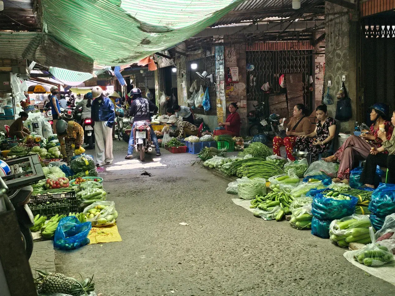 Hoi An morning market scene with fresh produce and herbs