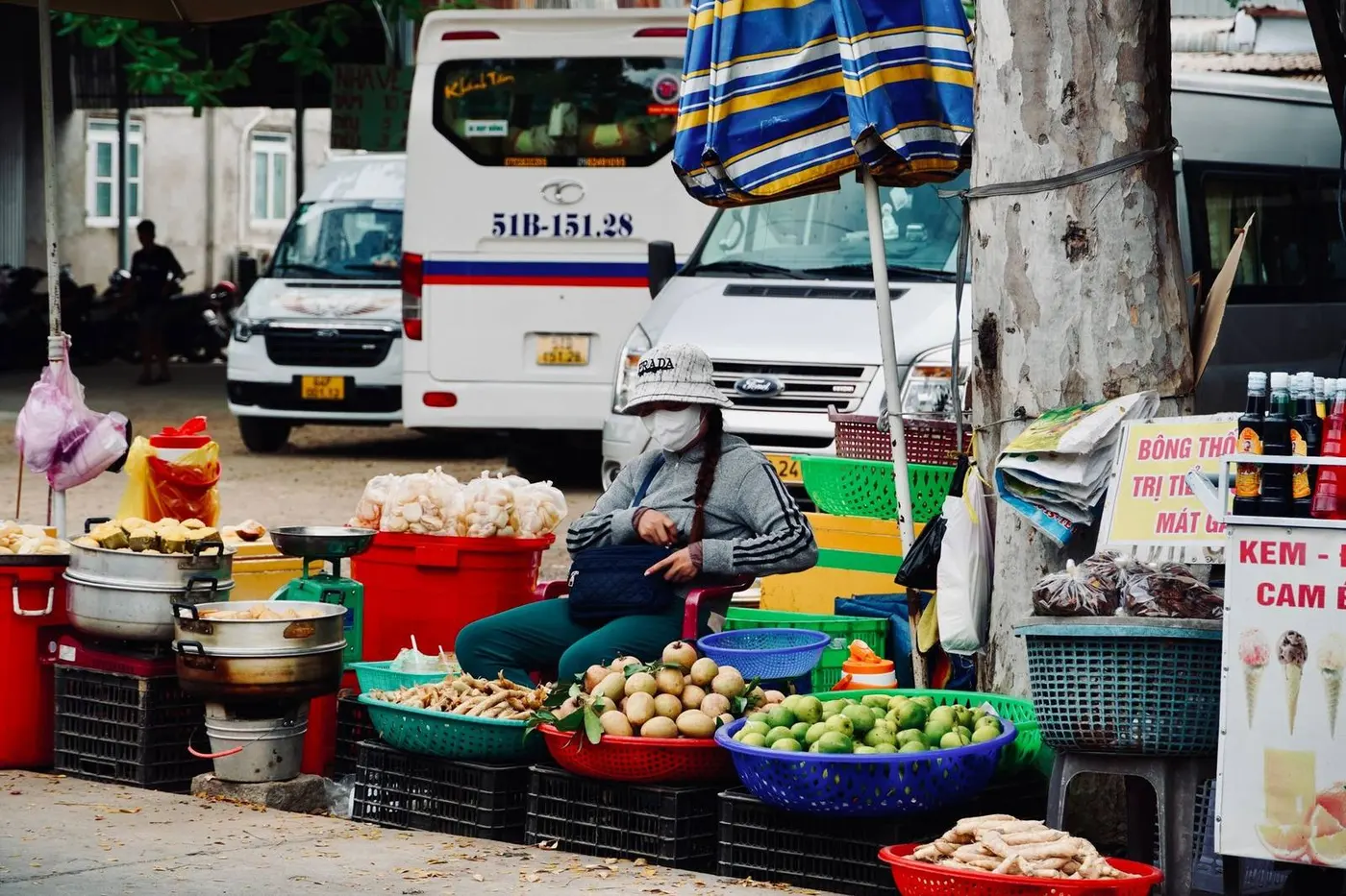 Fruit vendor with baskets of mango and mangosteen at a Vietnam market