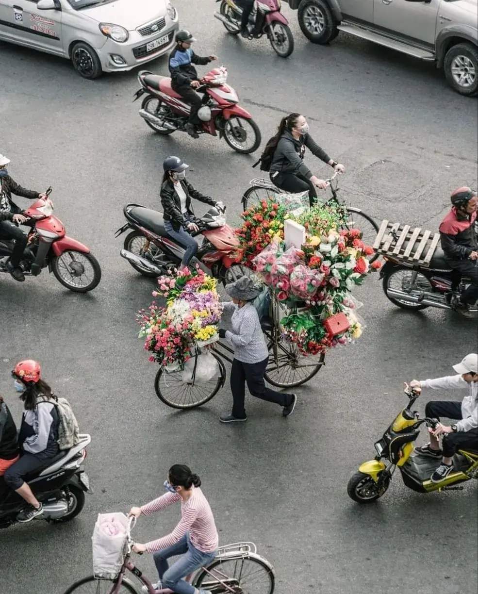 Motorbikes and a flower cart weaving through a Ho Chi Minh City intersection