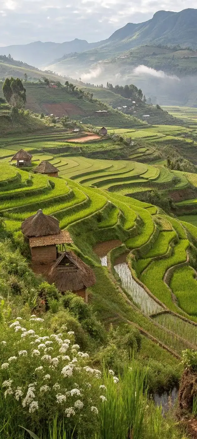 Rice terraces and thatched huts in the misty mountains of northern Vietnam