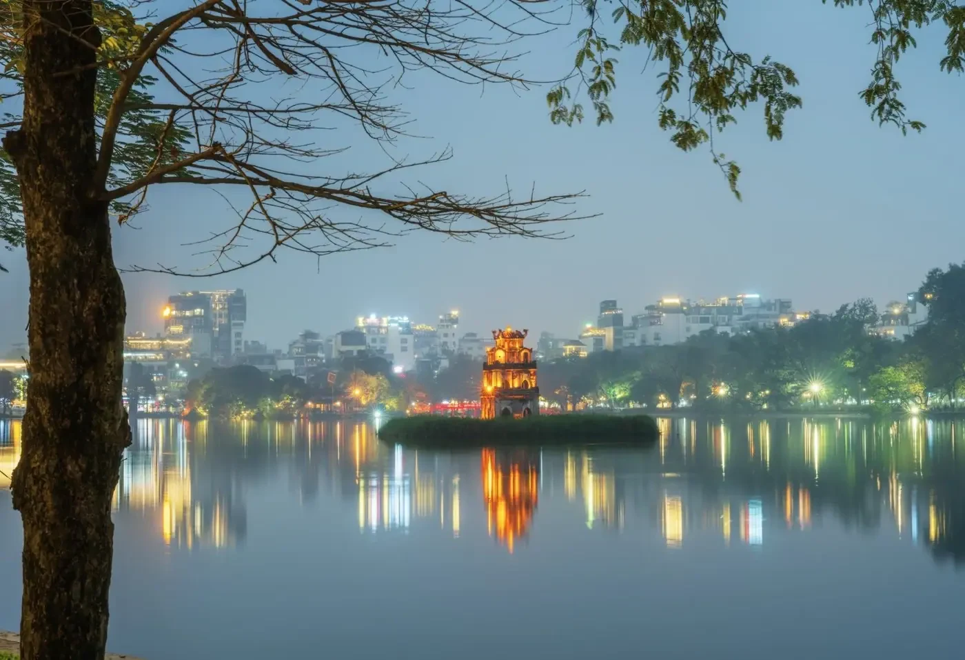 Turtle Tower on Hoan Kiem Lake in Hanoi in the evening