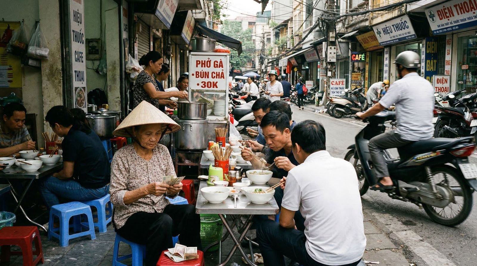 Diners eating noodle soup at low tables in Hanoi’s Old Quarter