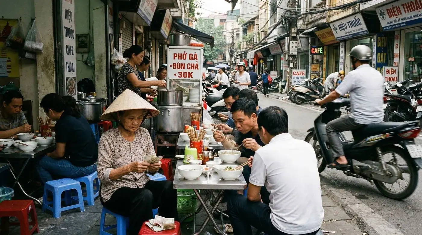 Diners eating noodle soup at low tables in Hanoi’s Old Quarter