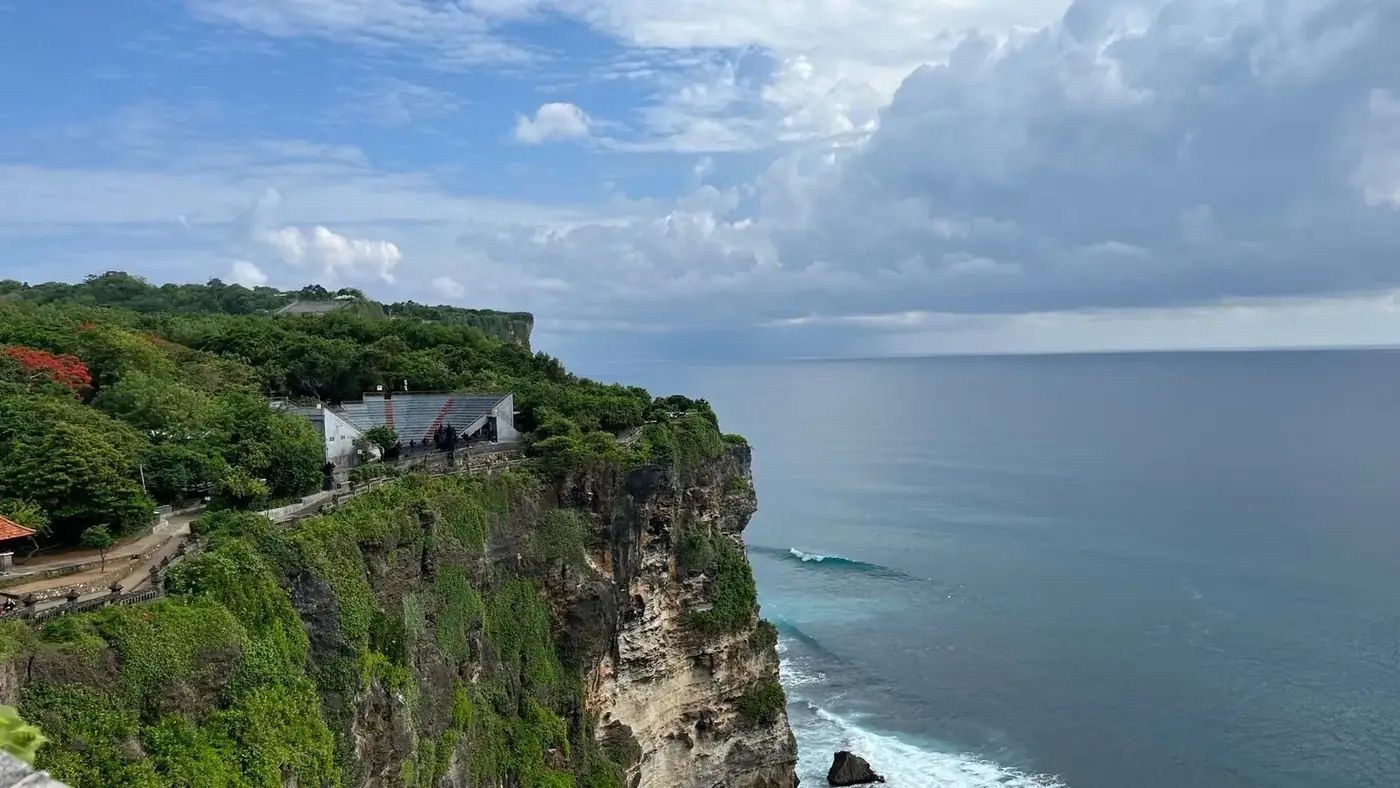 Uluwatu Temple perched on a clifftop above the ocean in Bali