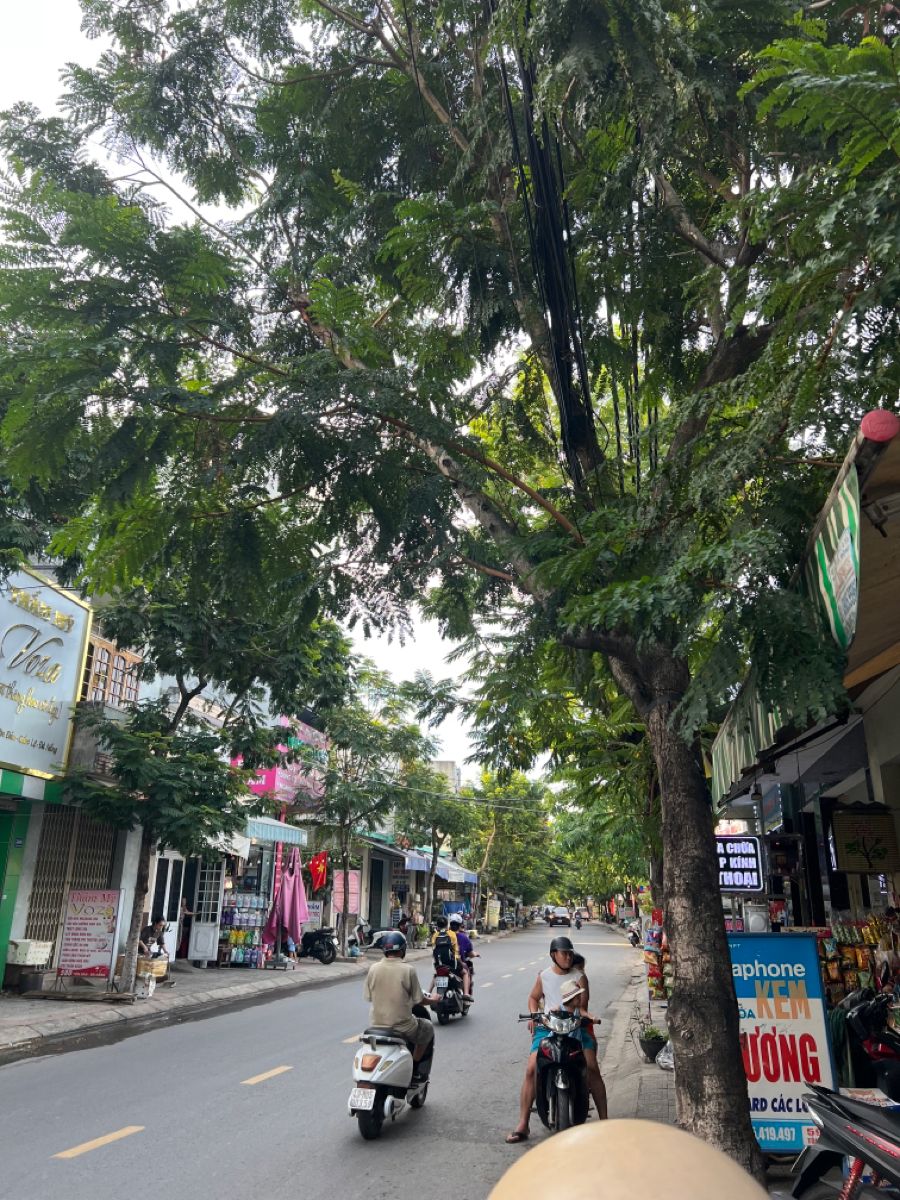 Da Nang street with motorbikes and shopfronts in afternoon light