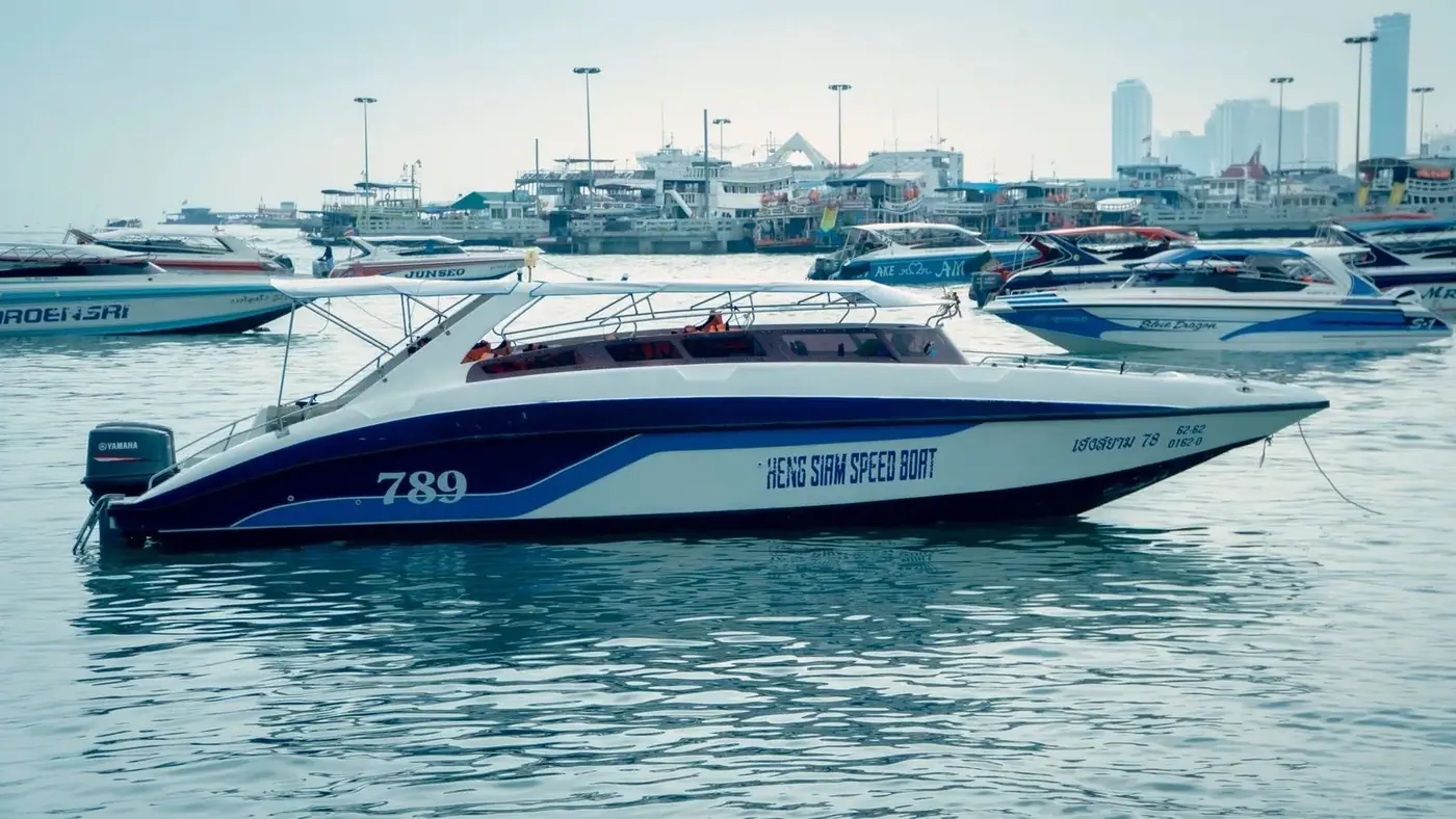 Speedboat ferry in Vietnamese marina ready for departure