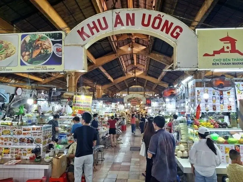 Covered market aisles inside Ben Thanh Market in Ho Chi Minh City