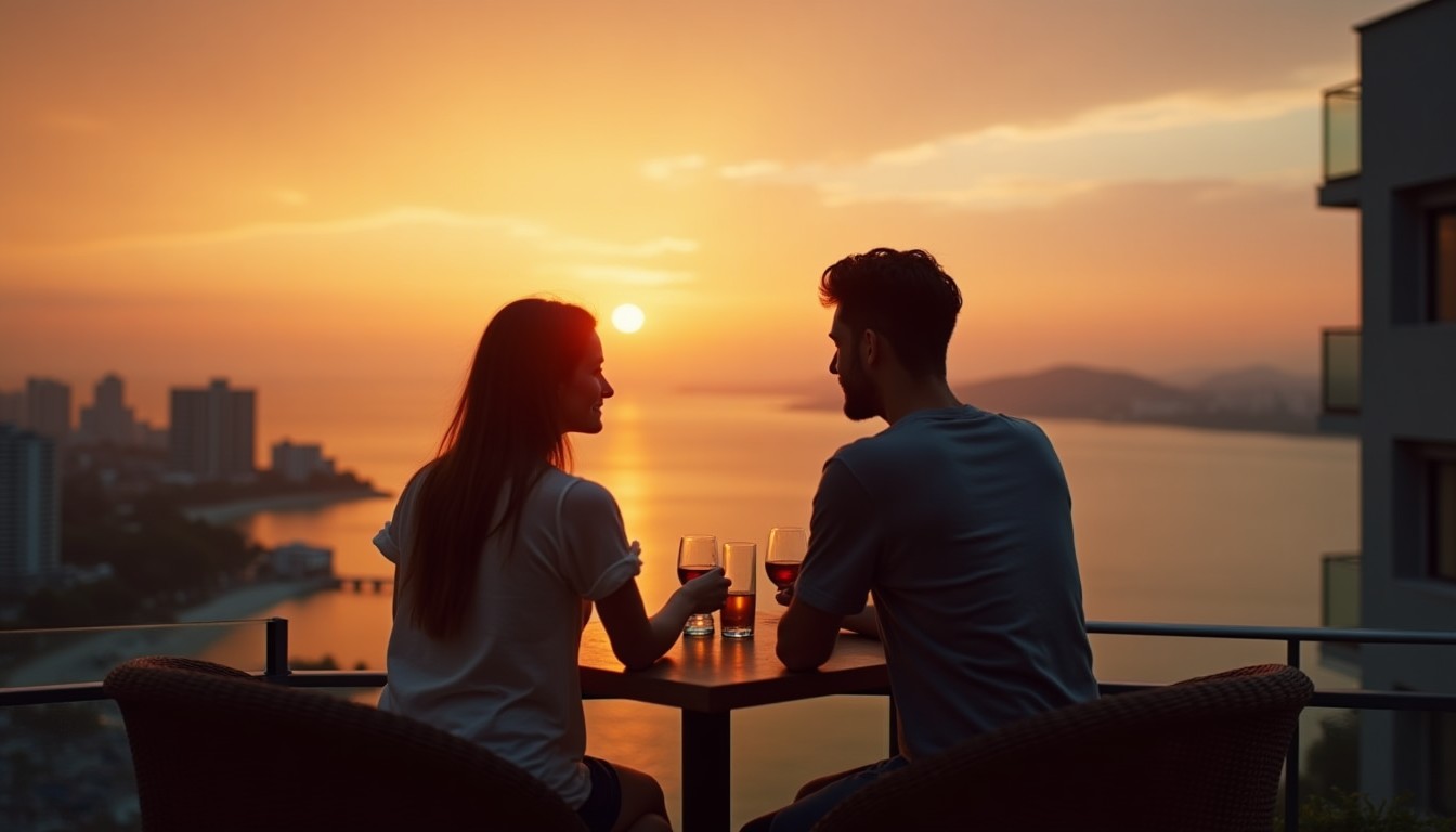 Couple at sunset overlooking the bay from a rooftop — expat life in Vietnam