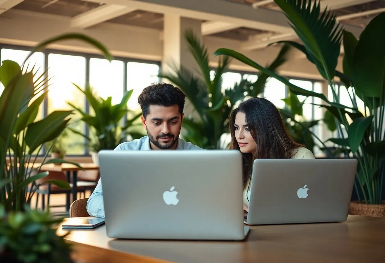 Two people working on laptops in a tropical coworking space