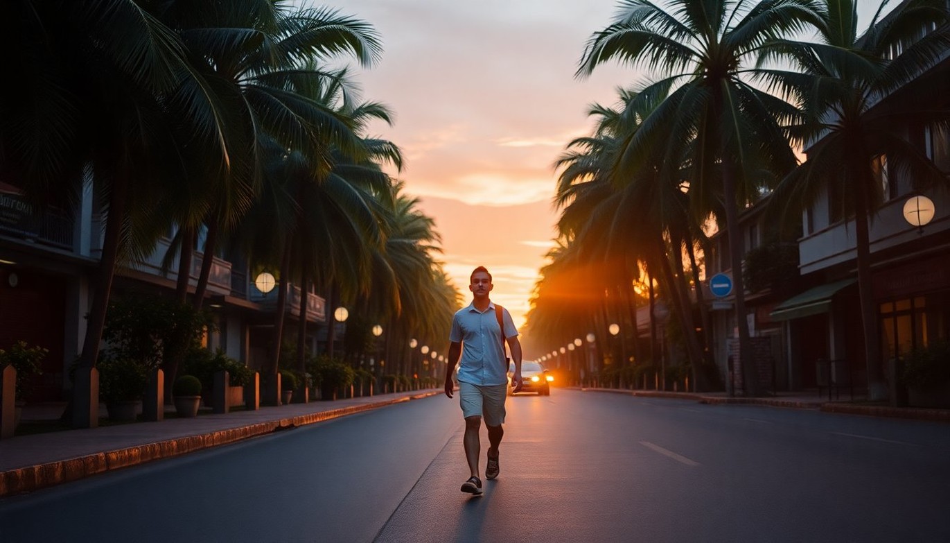 Solo expat walking down a palm-lined Da Nang street at sunset