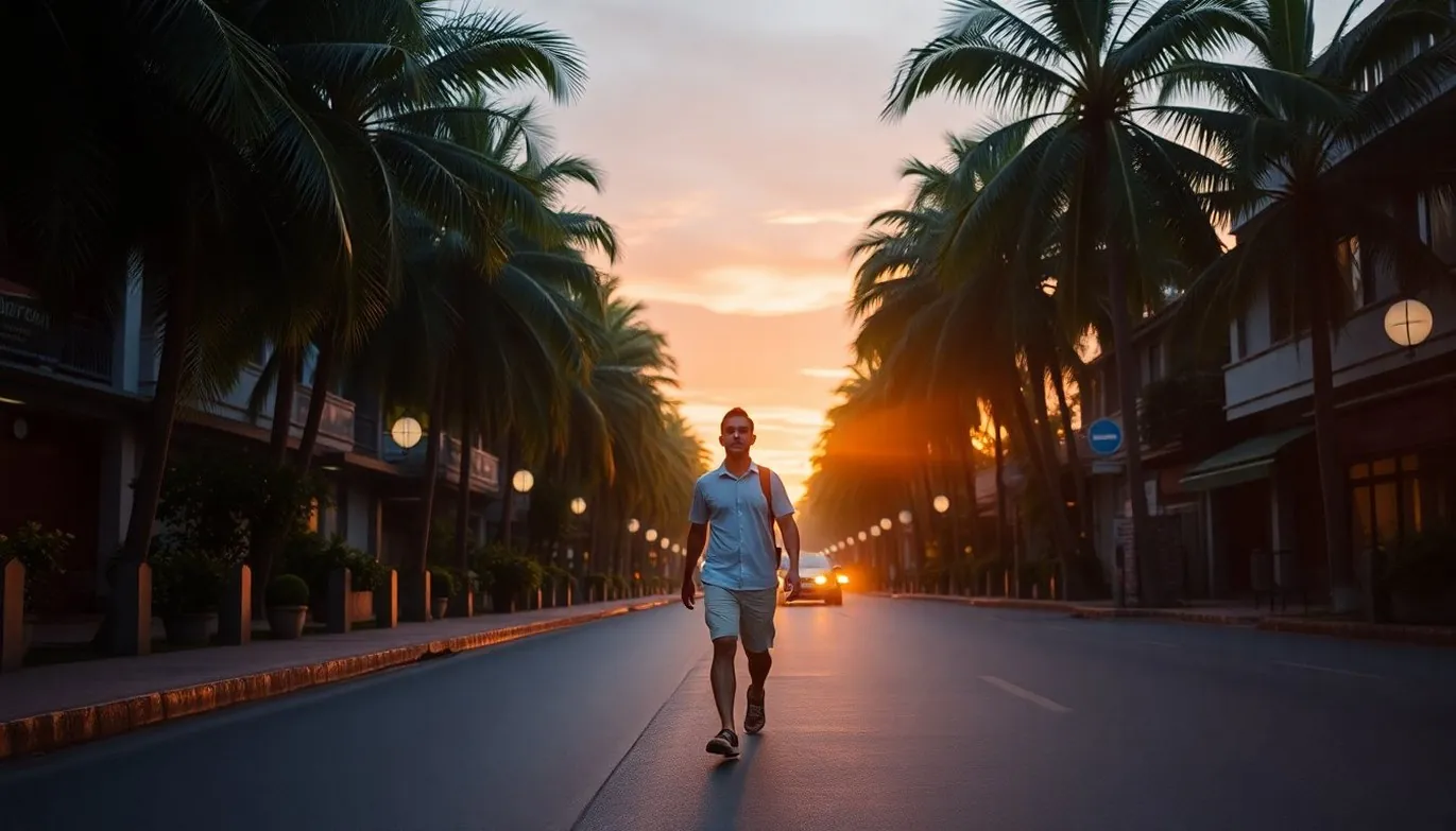Solo expat walking down a palm-lined Da Nang street at sunset