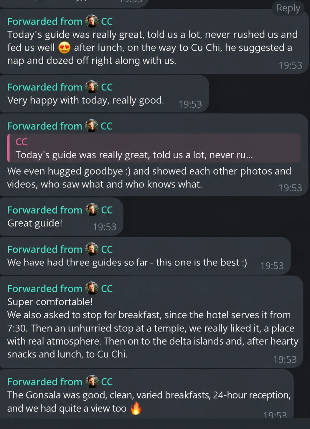 Review from a Vietnam Samurai tour guest about the guide's work, Telegram screenshot