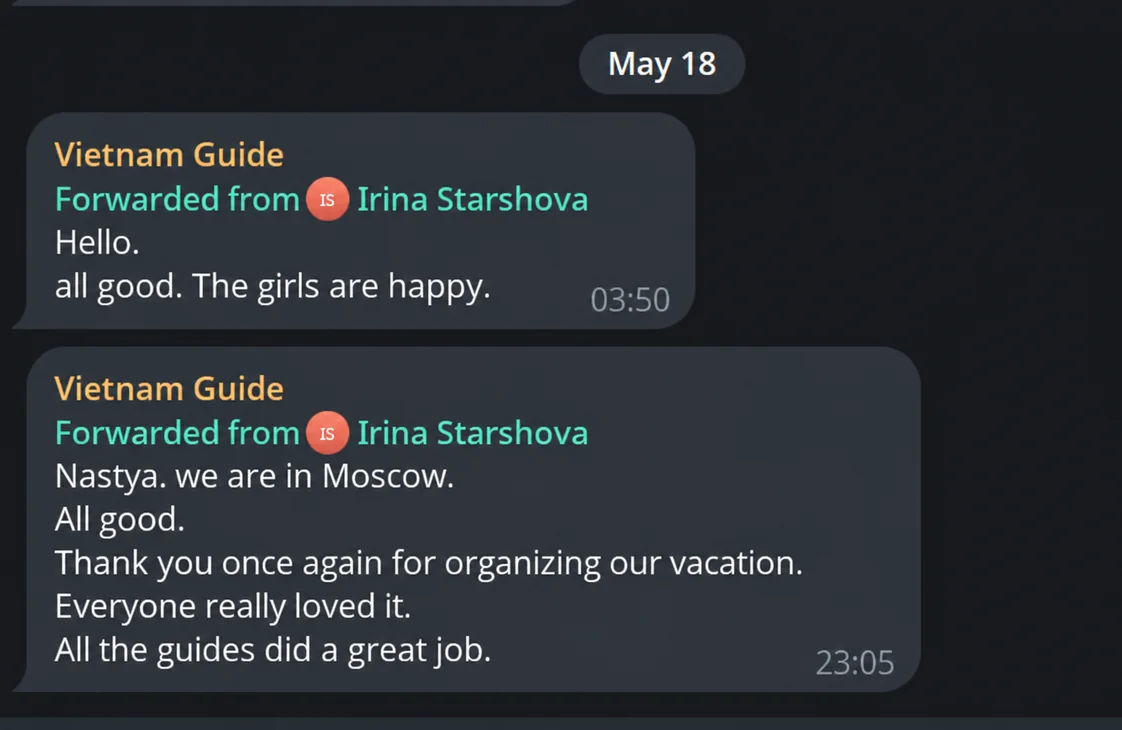 Review of a Vietnam Samurai tour from Irina in Moscow, Telegram screenshot